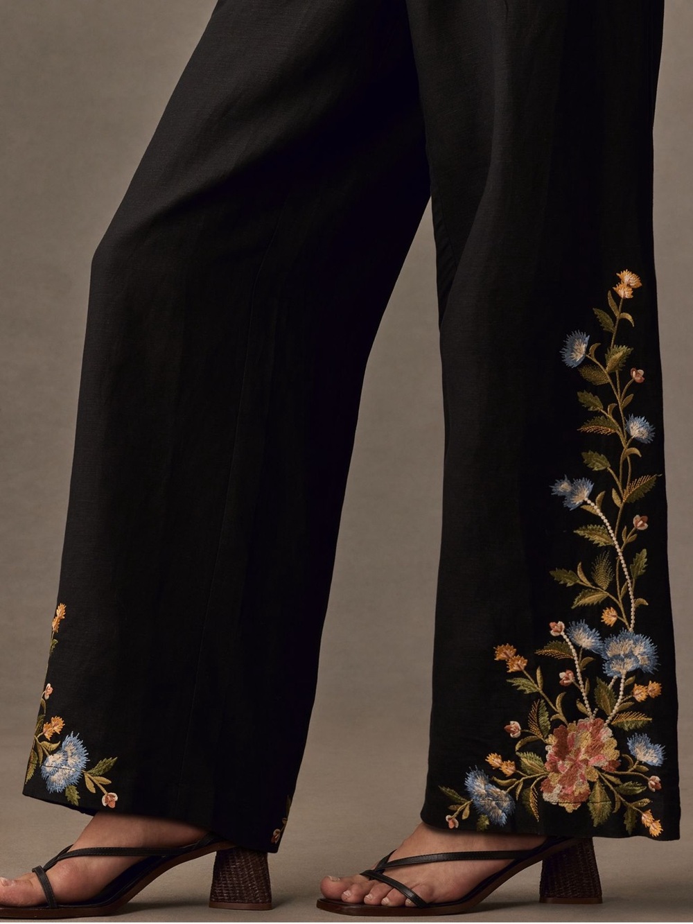 Anthropologie Ranna Gil Embroidered Floral Linen Wide Leg Pants - Picture 4 of 11